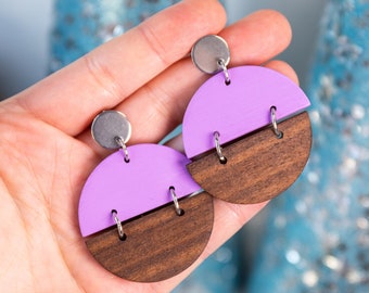 Walnut Wood + Purple Half Rounds | Handpainted | Painted Birch Wood | Lightweight | Stainless Steel Hardware | Round Earrings