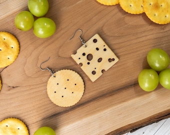 Cheese and Cracker Wood Earrings | Charcuterie | Novelty Gift | Stainless Steel