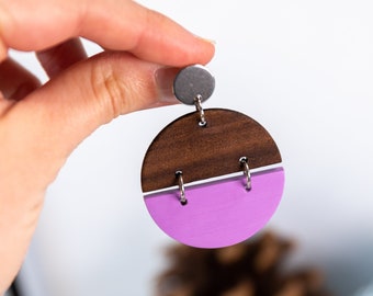 Walnut Wood + Purple Half Rounds | Handpainted | Painted Birch Wood | Lightweight | Stainless Steel Hardware | Round Earrings