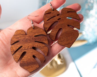 Monstera Leaves | Statement Earrings | Sapele Wood | Natural Finish | Stainless Steel Fish Hook Hardware | Big & Bold