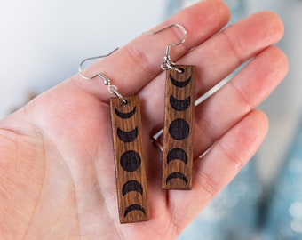 Moon Phase Rectangle Drop Earrings | Sapele Wood | Extremely Lightweight | Natural Finish | Stainless Steel Fish Hook Hardware | Minimalist