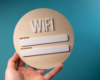 Reusable Wifi Sign Kit | For Your Guestroom, AirBnB, Office, Rental, Hotel | White Acrylic + Light Birch Wood | Laser Engraved