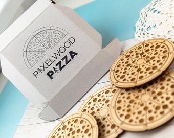 Wood Pizza Coasters in Pizza Box | Set of 4 Drink Coasters | Quirky Housewarming Gifts