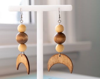 Upside Moon Statement Earrings | Light & Dark Wood | Boho | Moons | Stainless steel ear hooks