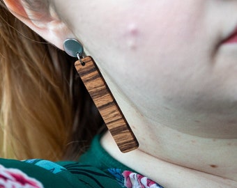 Lightweight Zebrawood earrings | Narrow rectangle drops, long | Round stainless steel post