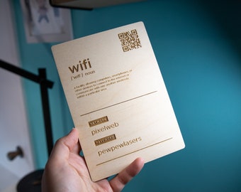 Custom Wifi Sign with Personalized QR Code | For Your Guestroom, AirBnB, Office, Rental, Hotel | Laser Engraved Baltic Birch Wood