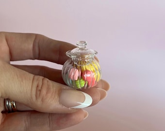 Miniature Glass Candy Jar filled with miniature macarons - miniature sweets, candy, lollies 1.12 Scale Dollhouse maileg decor