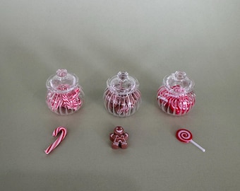 Miniature Glass Christmas Glass Candy Jar 1.12 - one jar- Scale Dollhouse Decor choose from candy canes, lollipops or ginger bread men