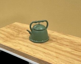 Miniature Green Metal Kettle | 1:12 Scale Dollhouse Kitchen Decor