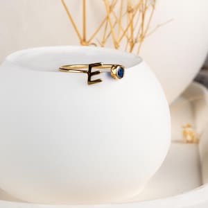 Personalized Sterling Silver Birthstone Initial Ring: Custom Stacking Jewelry