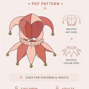Puede incluir: Un patr&oacute;n PDF para un sombrero y cuello de buf&oacute;n. El dise&ntilde;o presenta un sombrero de buf&oacute;n rojo y rosa con campanas y un cuello a juego. El patr&oacute;n incluye m&uacute;ltiples tama&ntilde;os de sombrero y cuello para ni&ntilde;os de 0 a 9 a&ntilde;os y adultos de tallas XS-XL.