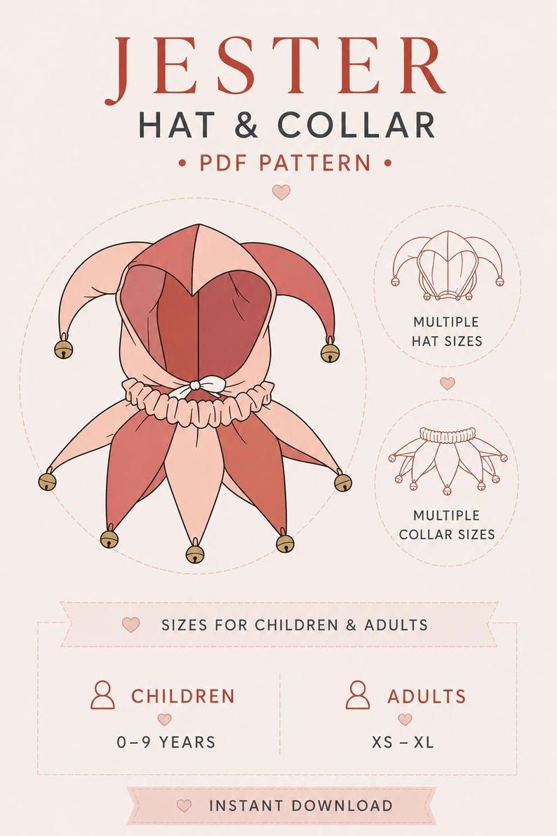Puede incluir: Un patr&oacute;n PDF para un sombrero y cuello de buf&oacute;n. El dise&ntilde;o presenta un sombrero de buf&oacute;n rojo y rosa con campanas y un cuello a juego. El patr&oacute;n incluye m&uacute;ltiples tama&ntilde;os de sombrero y cuello para ni&ntilde;os de 0 a 9 a&ntilde;os y adultos de tallas XS-XL.