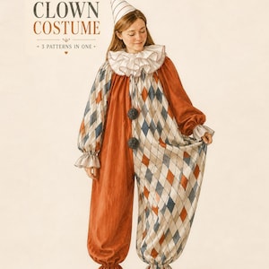 May include: A clown costume with a red, white, and blue diamond pattern on the sleeves and legs. The costume has a ruffled collar, three black pom-poms, and a matching hat with a red pom-pom on top. The text on the image reads "BUNDLE CLOWN COSTUME + 3 PATTERNS IN ONE".