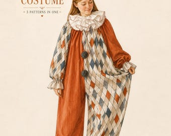 Clown Costume PDF Sewing Pattern BUNDLE | Adult Jumpsuit Pattern + Clown Hat + Ruffle Collar | DIY Old Circus Pattern | Harlequin Costume