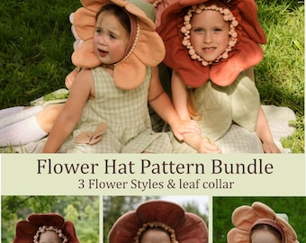 Flower Hat Sewing Pattern Bundle PDF | 3 Fairy Bonnet Designs & Leaf Collar | Baby to Adult Sizes | DIY Halloween Costume | Matching Family