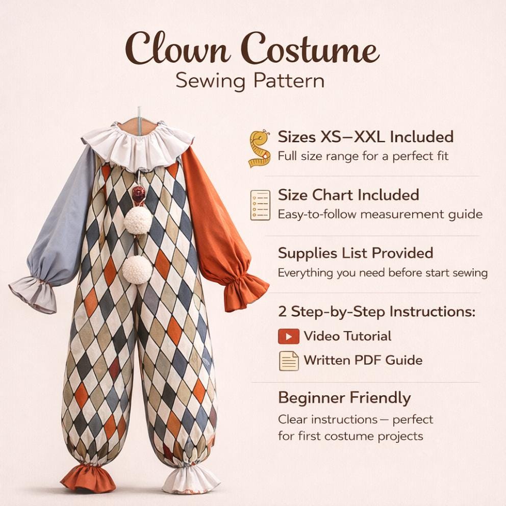 Clown Costume PDF Sewing Pattern & Video Tutorial: Halloween Jumpsuit ...