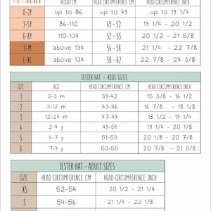 Puede incluir: Una tabla de tallas titulada "SIZES" para cuellos y sombreros de buf&oacute;n. Proporciona medidas de circunferencia de la cabeza en cm y pulgadas, y altura en cm. Las tallas van de 0-2Y a XL, con los rangos de edad correspondientes.