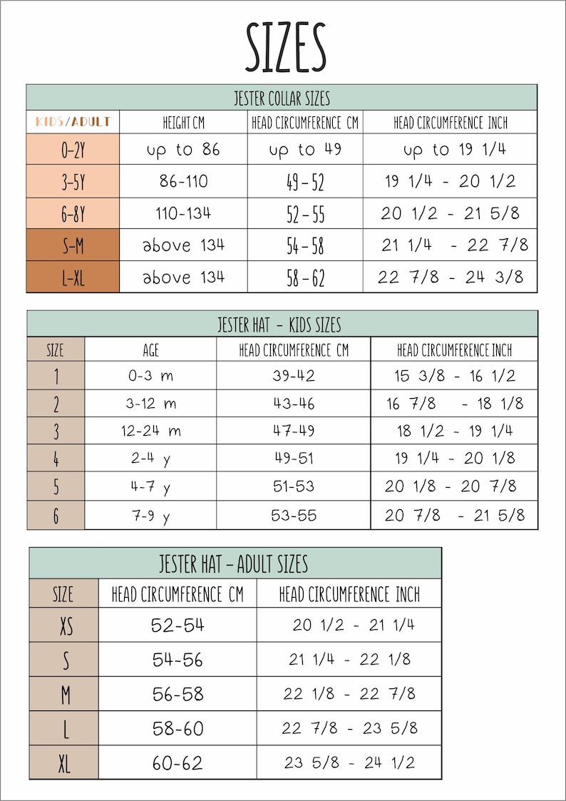 Puede incluir: Una tabla de tallas titulada "SIZES" para cuellos y sombreros de buf&oacute;n. Proporciona medidas de circunferencia de la cabeza en cm y pulgadas, y altura en cm. Las tallas van de 0-2Y a XL, con los rangos de edad correspondientes.