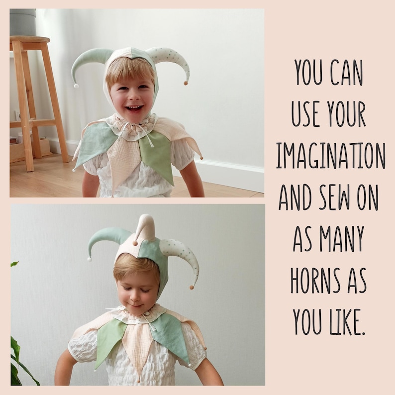 Puede incluir: Un disfraz de buf&oacute;n para ni&ntilde;os con un sombrero y un cuello blancos y verdes. El sombrero tiene cuernos curvos con peque&ntilde;as campanas. El texto dice: &laquo;PUEDES USAR TU IMAGINACI&Oacute;N Y COSER TANTOS CUERNOS COMO QUIERAS.&raquo;