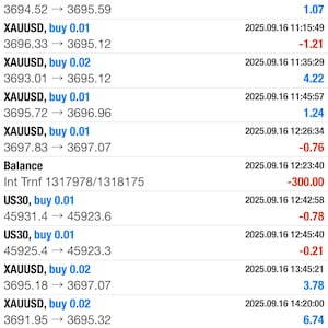 Puede incluir: Captura de pantalla de una aplicación de trading financiero en un teléfono móvil. La pantalla muestra datos en tiempo real, incluyendo pares de divisas como XAUUSD y US30, órdenes de compra y venta, y cifras de ganancias/pérdidas. La interfaz también incluye un resumen del saldo.