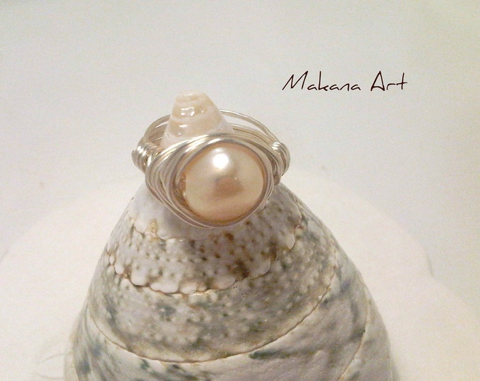 Pearl Ring, Sterling Silver Ring, wire wrap jewelry, pearl jewelry, engagement, wedding, bridesmaid gift, valentine gift, mother's day gift