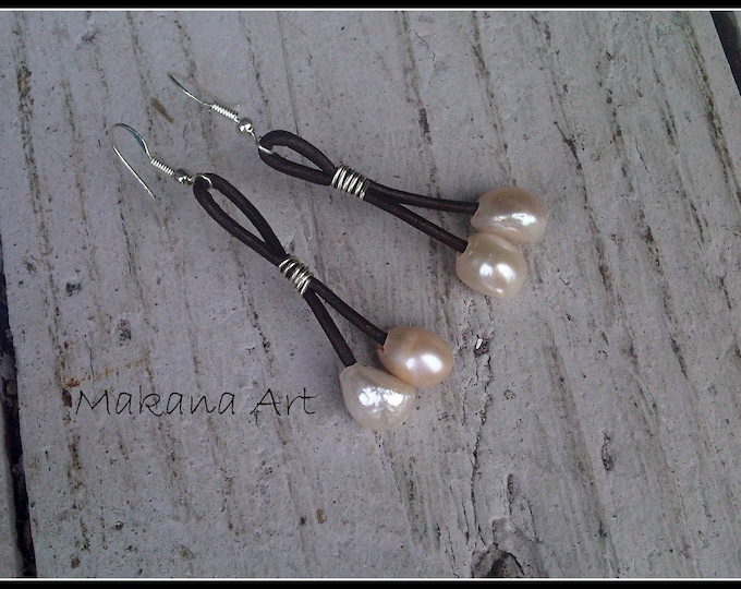 Pearl Earrings, Pearl and Leather Earrings, jewelry, engagement gift, bridesmaid gift, birthday gift, graduation gift, valentine's day gift