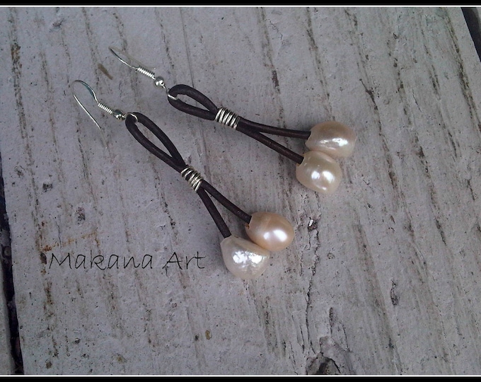 Pearl Earrings, Pearl and Leather Earrings, jewelry, engagement gift, bridesmaid gift, birthday gift, graduation gift, valentine's day gift