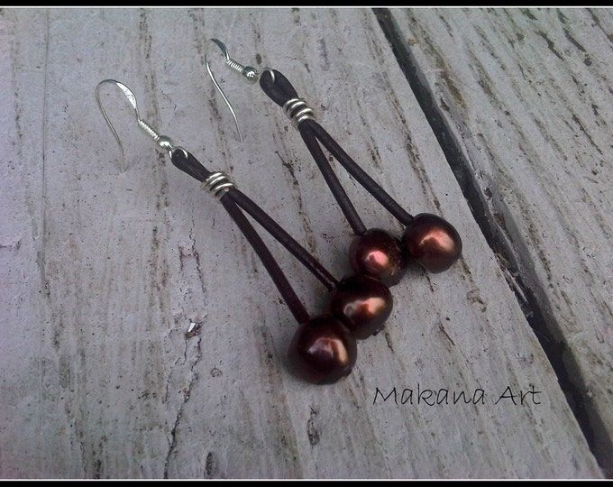 Pearl Earrings, Pearl and Leather Earrings, jewelry, engagement gift, bridesmaid gift, birthday gift, graduation gift, valentine's day gift
