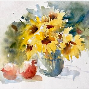 Pintura original em aquarela, Girassóis e romãs