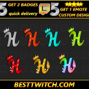 Insignias de suscripción con efectos especiales de H Twitch / Pines con la letra H / Conjunto de 6 íconos de suscriptor / Brillo / Sencillo / Twitch / Kick