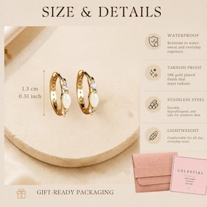 May include: A pair of gold hoop earrings featuring a central marquise-shaped opal stone flanked by two small clear crystals. The earrings measure 1.3 cm or 0.51 inches. The text includes SIZE & DETAILS, WATERPROOF, TARNISH-PROOF, STAINLESS STEEL, LIGHTWEIGHT, and GIFT-READY PACKAGING.