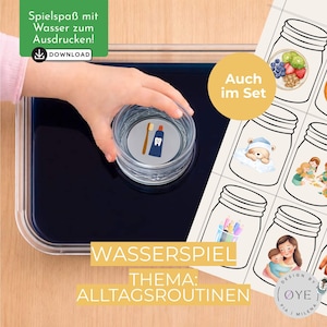 Może przedstawiać: Przezroczysty szklany kubek z grafiką szczoteczki do zębów i pasty do zębów jest trzymany nad ciemnoniebieskim pojemnikiem. Obraz zawiera arkusz z ilustracjami słoików oraz tekst "Spielspaß mit Wasser zum Ausdrucken!" i "Wasserspiel Thema: Alltagsroutinen."