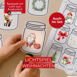 以下が含まれることがあります： サンタクロース、雪だるま、クリスマスツリーなど、クリスマスをテーマにした瓶のイラストのコレクション。「LICHTSPIEL WEIHNACHTEN」の文字が表示されています。画像には「Spielspaß mit Licht zum Ausdrucken! DOWNLOAD」と「Auch im Set」の文字も含まれています。