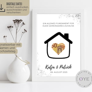 Geldgeschenk voor de bouw van een huwelijkshuis | Gepersonaliseerde PDF A4 | Maak een huwelijkskaart | DIY printbaar met naam | Geschenk voor de bouw van een huwelijkshuis