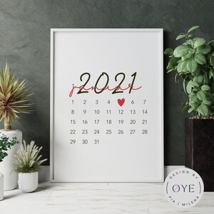 Page de calendrier personnalisée avec date souhaitée | Carte d'anniversaire de mariage en forme de cœur | Cadeau PDF à imprimer | Photo de mariage numérique | Mariage