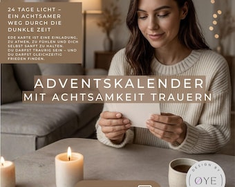 May include: A woman in a cream-colored sweater holds a card, with text in German. The image includes lit candles, a coffee cup, and the words "ADVENTSKALENDER MIT ACHTSAMKEIT TRAUERN". A download button and printer icon are also visible.