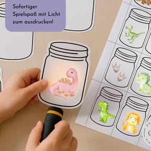 Dino game | DIY light game for children | PDF printable children&#39;s game | Game to print | Educational game with flashlight | Montessori game