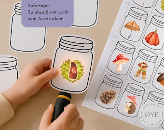 May include: A child holds a flashlight illuminating a paper mason jar with a chestnut inside. Other paper jars with fall-themed illustrations are visible. Text on a purple background reads "Immediate fun with light to print!"