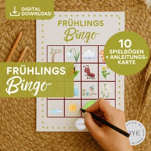 Może przedstawiać: Wiosenna gra w bingo z napisem "FRÜHLINGS Bingo" w kolorze zielono-białym. Plansza do gry zawiera ilustracje elementów wiosennych, takich jak kwiaty, owady i słońce. Tekst "DIGITAL DOWNLOAD" znajduje się w lewym górnym rogu.