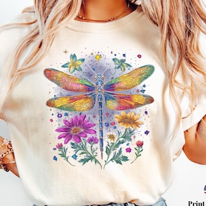 Womens Dragonfly Floral Comfort Colors® Shirt, Boho Dragonfly Tee, Nature Lover Shirt, Garden Lover Gift, Cottagecore Tshirt,Botanical Shirt