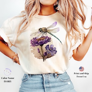 Dragonfly on Flower Comfort Colors® Shirt, Dragonfly Shirt, Floral Graphic Shirt, Nature Lover Gift, Unique Insect Top, Colorful Bug Apparel