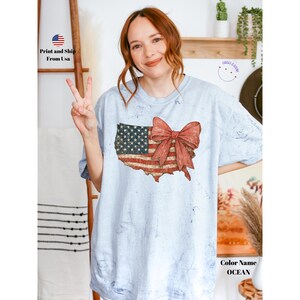 4th of July Colorblast Shirt, Coquette American Map Shirt, USA Bow Shirt, 4th of July Tee, Women's Patriotic Shirt, Red White and Blue Shirt