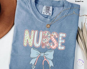 Floral Nurse Comfort Colors® Shirt, Cute Spring RN Tshirt, Coquette Nursing Tee, Nurse Bow Tshirt, Nurse Appreciation Gift, Gift for Nurse