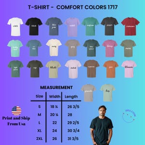 K&ouml;nnte beinhalten: Eine Auswahl an Comfort Colors 1717 T-Shirts in verschiedenen Farben, darunter Wei&szlig;, Schwarz und Blue Jean. Das Bild enth&auml;lt eine Gr&ouml;&szlig;entabelle mit Gr&ouml;&szlig;en von S bis 2XL, Breiten von 46.36 cm bis 66.04 cm und L&auml;ngen von 67.63 cm bis 80.96 cm. Der Text lautet 'Print and Ship From USA'.