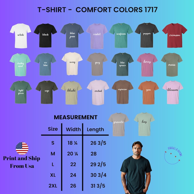 K&ouml;nnte beinhalten: Eine Auswahl an Comfort Colors 1717 T-Shirts in verschiedenen Farben, darunter Wei&szlig;, Schwarz und Blue Jean. Das Bild enth&auml;lt eine Gr&ouml;&szlig;entabelle mit Gr&ouml;&szlig;en von S bis 2XL, Breiten von 46.36 cm bis 66.04 cm und L&auml;ngen von 67.63 cm bis 80.96 cm. Der Text lautet 'Print and Ship From USA'.