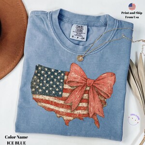 4th of July Comfort Colors® Shirt, Coquette American Map Shirt, USA Bow Shirt, 4th of July Tee, Women's Patriotic Shirt, Red White and Blue