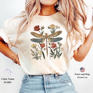 Womens Dragonfly Floral Comfort Colors® Shirt, Boho Dragonfly Tee, Nature Lover Shirt, Garden Lover Gift, Cottagecore Tshirt,Botanical Shirt