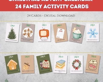 May include: A Christmas advent calendar with 24 family activity cards. The cards are digitally downloadable and feature illustrations for each day, including a Christmas tree, gingerbread cookies, and a TV.