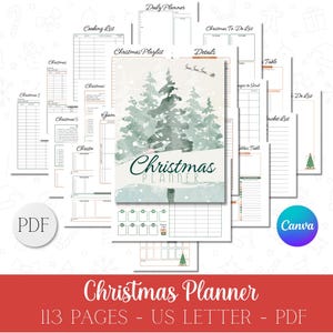 May include: A Christmas Planner with a watercolor illustration of evergreen trees and the text "Christmas Planner." The planner includes various lists and templates, such as a cooking list, to-do list, and daily planner. The planner is 113 pages and in US Letter size.