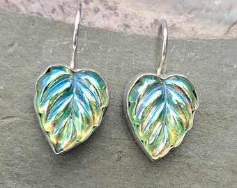 Sterling Silver Earrings Green Leaf Vintage Glass 1920s Art Deco Style Jewelry 303